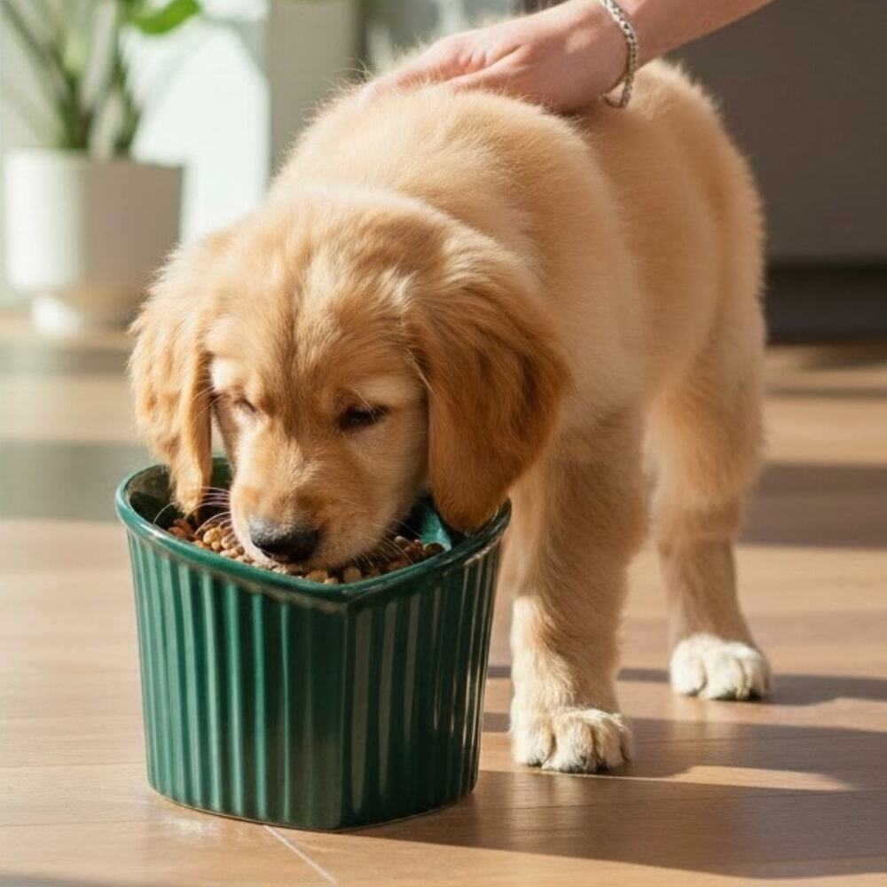 Elevated Tilted Ceramic Pet Bowl Dark Green Heart Raised Food Water Dish